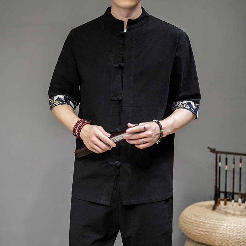 Men'S Linen Style Large Size Short Sleeve Shirt Chinese Style Cotton Linen Loose Button Shirt