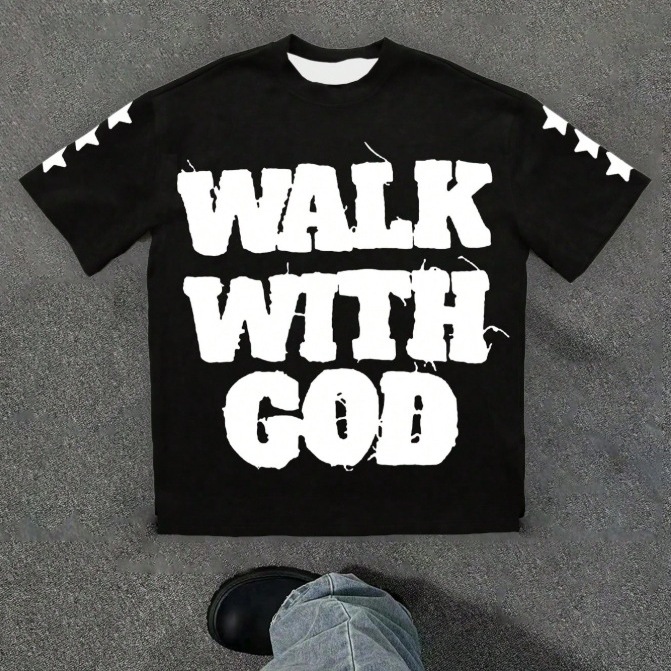 European and American Hiphop style T-shirt with star and letter patterns trendy American top unique and niche design sense