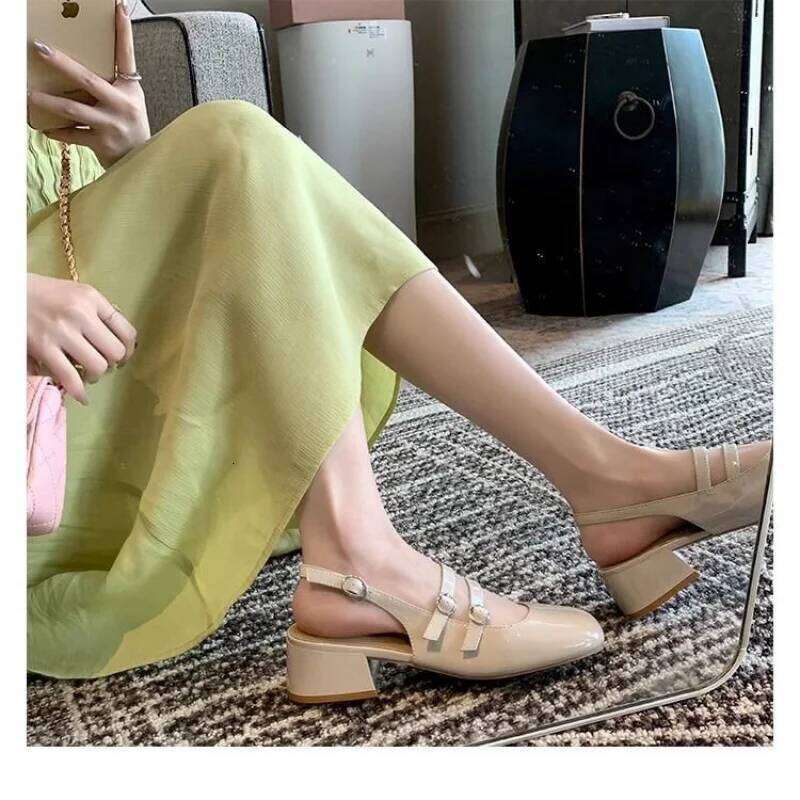 French Vintage Double Buckle Strap BackOpen Summer New Fashionable VintageLarge Heel Mary Jane single ShoesWomen's Rubber Upper