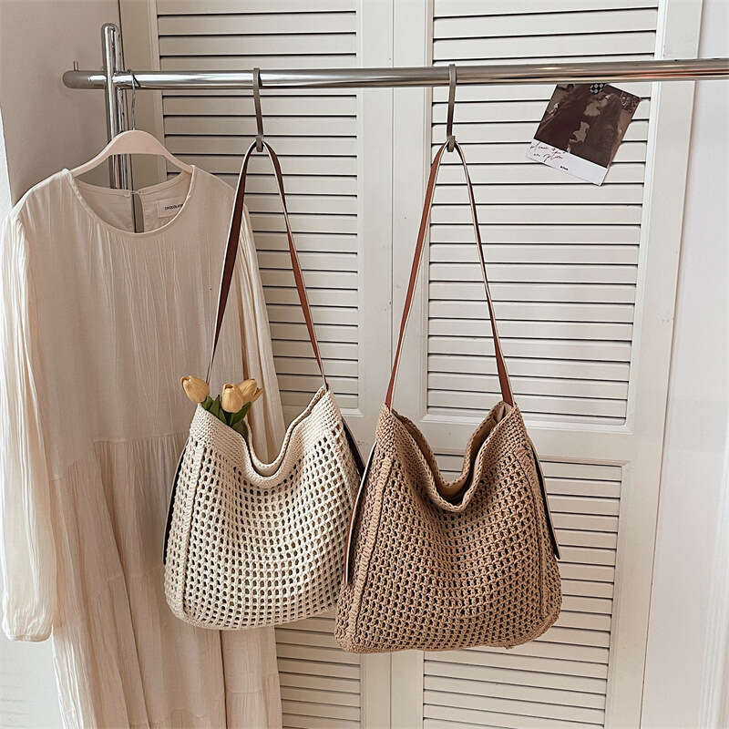 Handmade Crochet Cotton Thread Woven Tote For Women, Large Capacity Summer Lazy Style Beach Bag, Versatile Shoulder Crossbody Bag