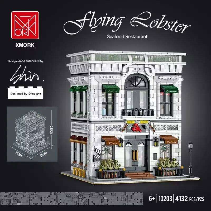 4132PCS Seafood Restaurant Model Building Blocks Creative City Street View MOC Bricks Set With Light Desktop Ornaments Kids Toys Z260305