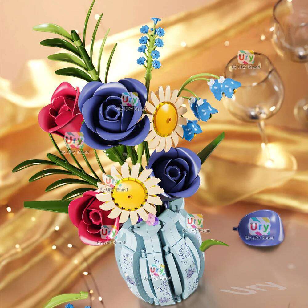 Flower Bouquet 3D Daisy Rose Lily of The Valley with Vase Set Building Block Model Home Decoration Valentine's Day Gift for Girl Z260305