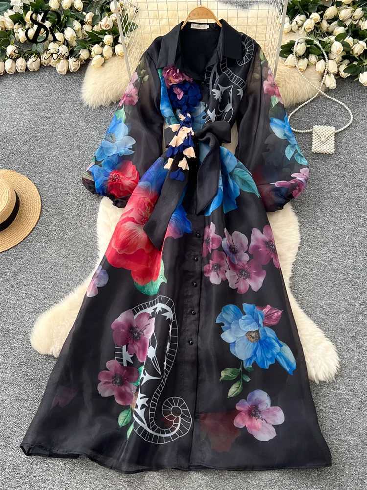 SINGREINY High Quality 3D Floral Dress Female Single Breasted Puff Sleeves Chic French Vintage Senior Organza Print Long Dress X260306