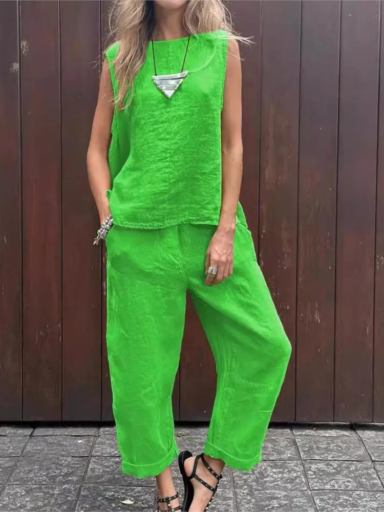 Summer Cotton And Linen Casual Outfits Female Fashion Solid Color Two-piece Set For Women Sleeveless Top Trousers Womens Suit 260305