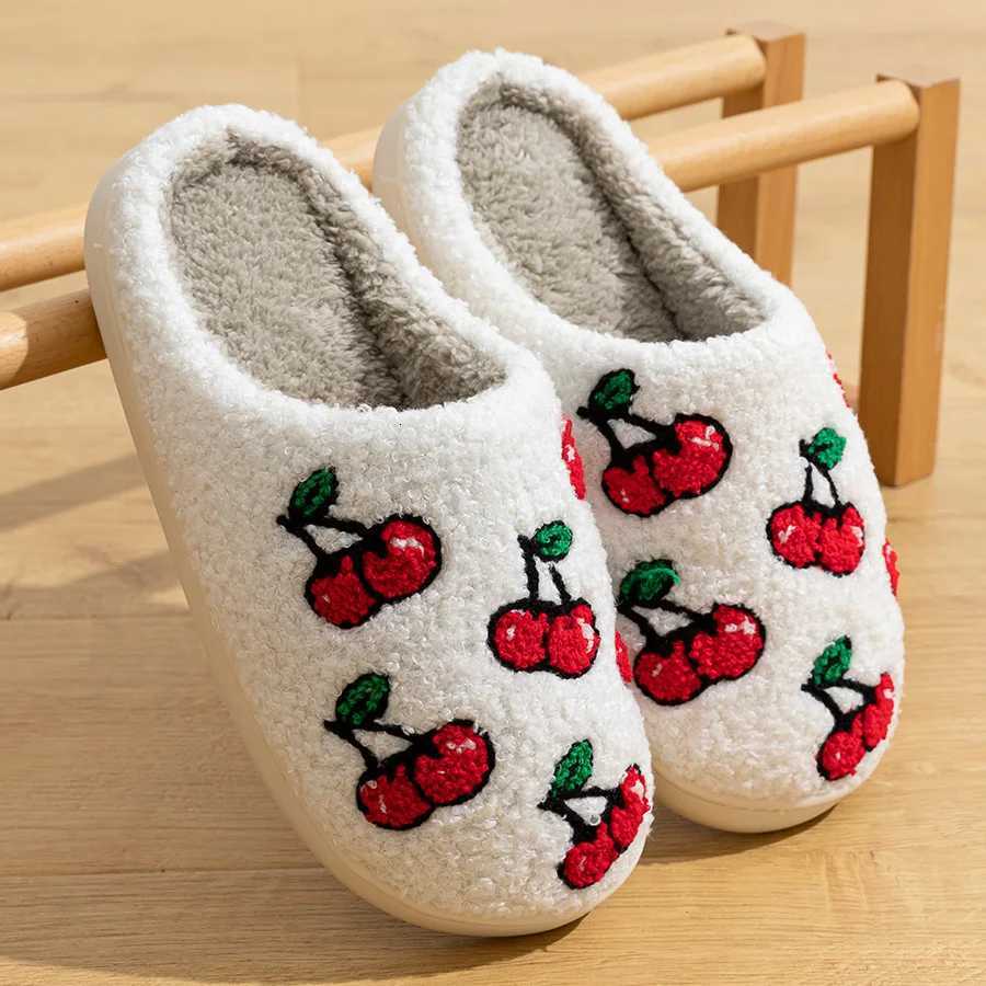 Cherry Fruit Embroidered Pattern Winter Plush Slippers Classic Soft Sole Indoor Casual Women Bedroom Cute Home Warm Comfy Shoes S260305