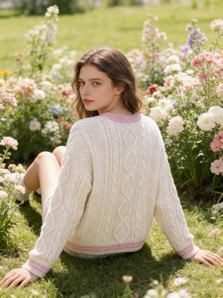 Womens Pink Cable Knit Cardigan V-Neck Contrast Trim Heart Star Pattern Sweater M260306