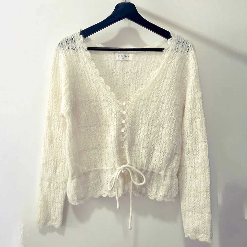 Rowan 5C862 White Jacquard Knit Cardigan Petal Edge V-Neck Long Sleeve Buttons Female Sweater Casual Lace-up Lady Top 2026 M260306