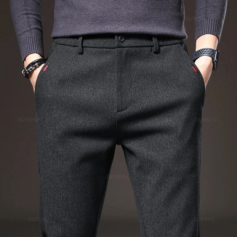 Spring Mens Casual Pants Business Fashion Elastic Waist Slim Fit Stretch Thick Gray Black Cotton Trousers Male 260304