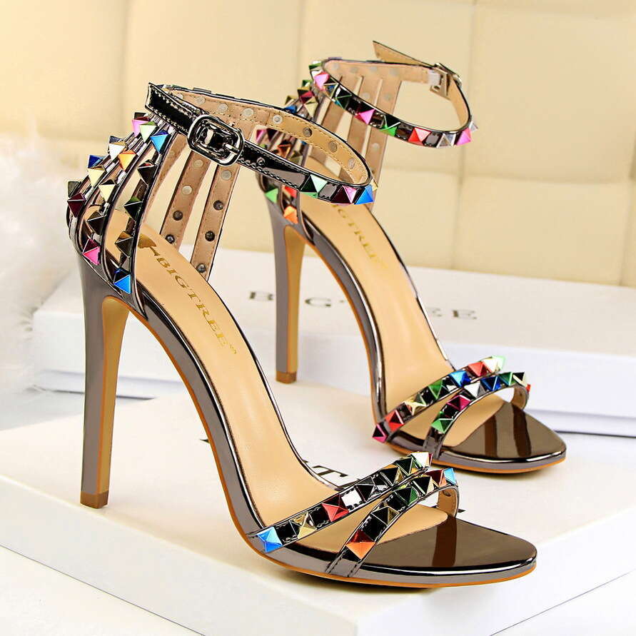 European And American Roman Style Women S Shoes Thin Super High Heel Open Toe One Strap Hollow Colorful Rivet Sandals