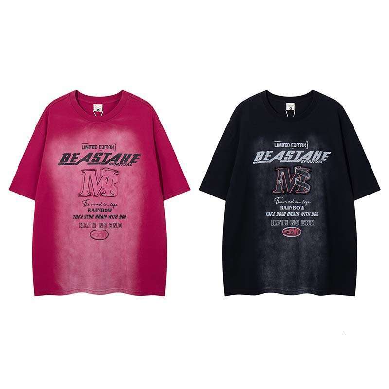 American retro patch embroidery letter print washed short-sleeve t-shirt for men, street fashion brand, loose vintage top