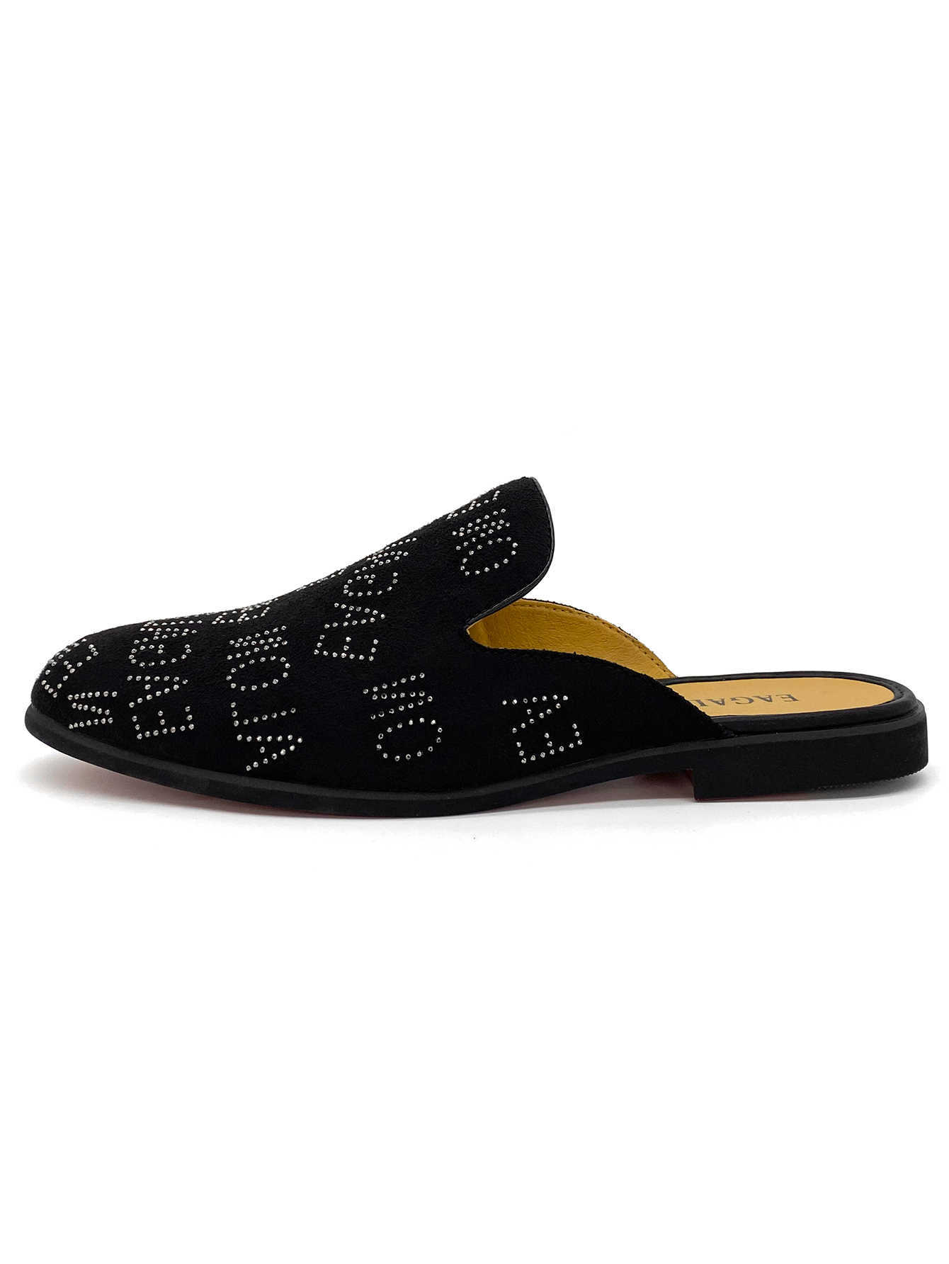 Men's Black Velvet Mules with Rhinestone Letter Pattern Backless Slip-On Loafers Fashion Streetwear Slippers