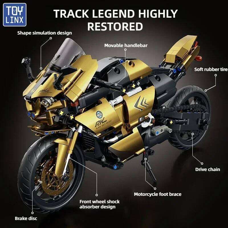 TOYLINX 1:10 Scale Technic Motorcycle Building Blocks 703pcs Black Gold Mechanical Racing Bike Model Kit Movable Parts STEM Toys Z260305