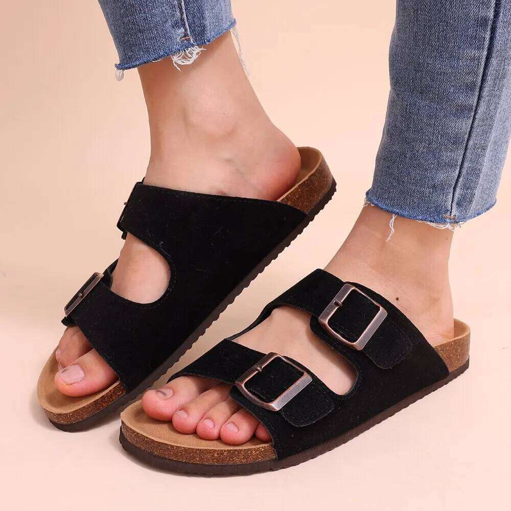 Litfun Women's Cork Footbed Fashion Ankle-Strap Suede Slippers Platform Outdoor Beach Sandals Home Comfort Flats Slides