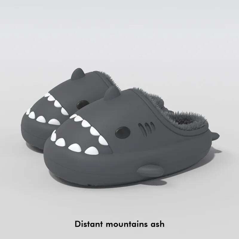 Litfun Fuzzy Shark Slippers For Women Men Winter Indoor Plush Cartoon Cotton Shoes New Outdoor Adults Kids Waterproof Furry Shoe