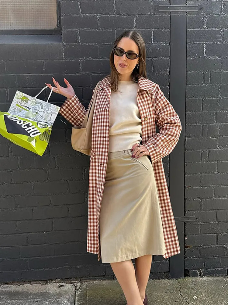 Women Plaid Long Windbreaker Fashion Chic Lapel Single Breasted Pocket Loose Jackets Lady Daily Commuting Street Outerwear 260228