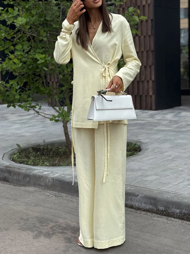 HH Fashion Womens Linen 2 Pieces Set Spring Summer Kimono Style Loose Lace Up Shirts Tops Female Wide Leg Pants Suits 260305