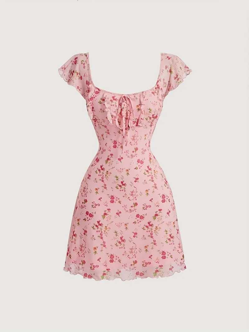 Womens Dresses Sleeveless Ruffled Trim Square Collar Tie-up Cut Out Backless Floral/Dots Summer Party Short Mini A-line Dress X260306
