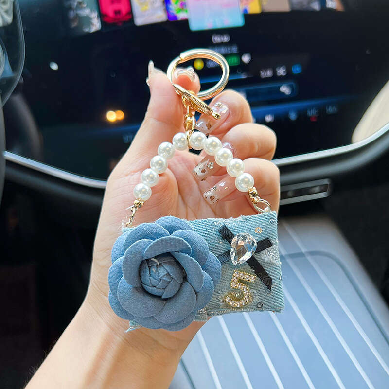 Creative Design Denim Camellia Model Women's Car Personalized Keychain Fashion Bag Pendant