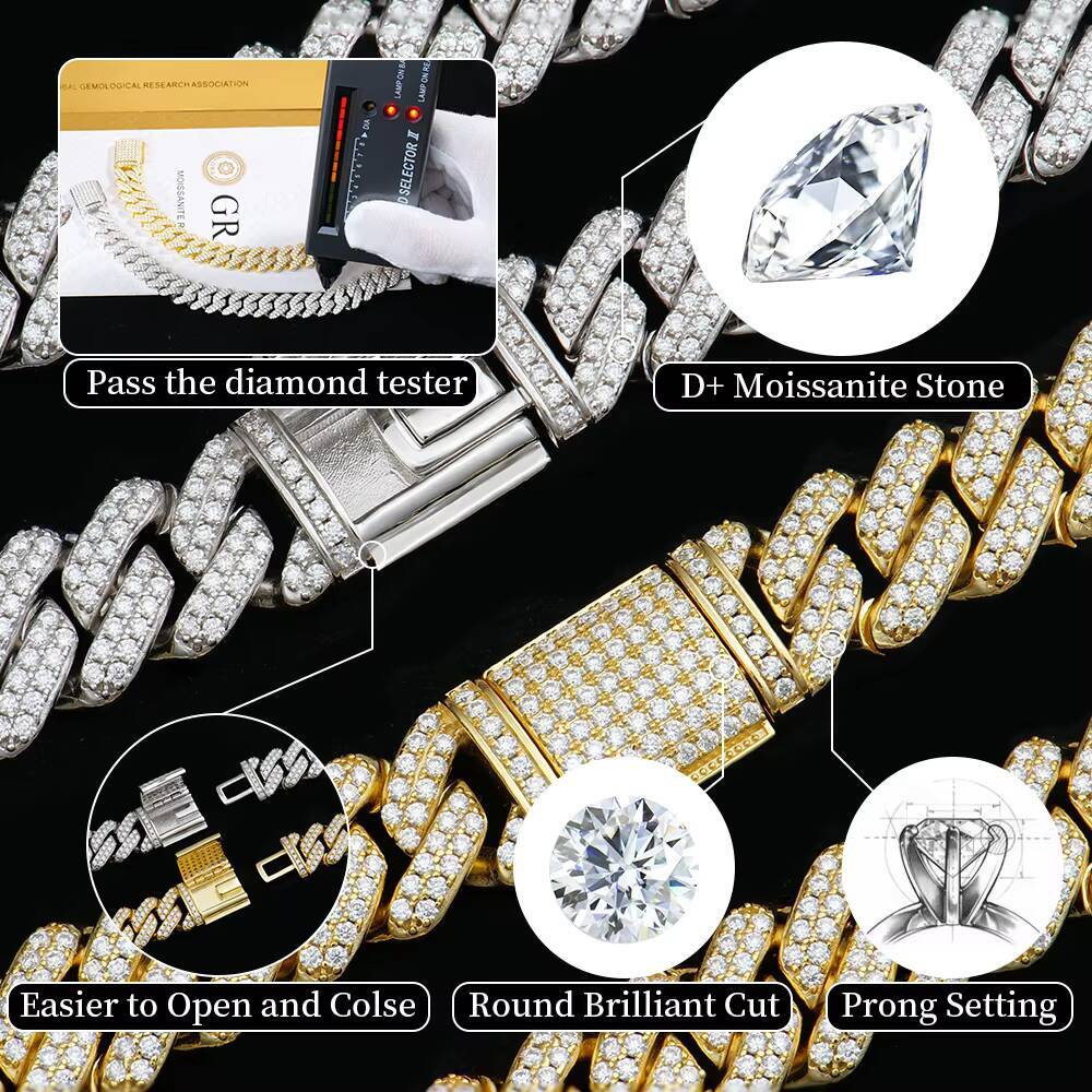 Iced-Out Shiny Diamond Moissanite Bracelet Sterling Silver VVS Moissanite Rhombic Style Cuban Bracelet HipHop Jewelry for Men