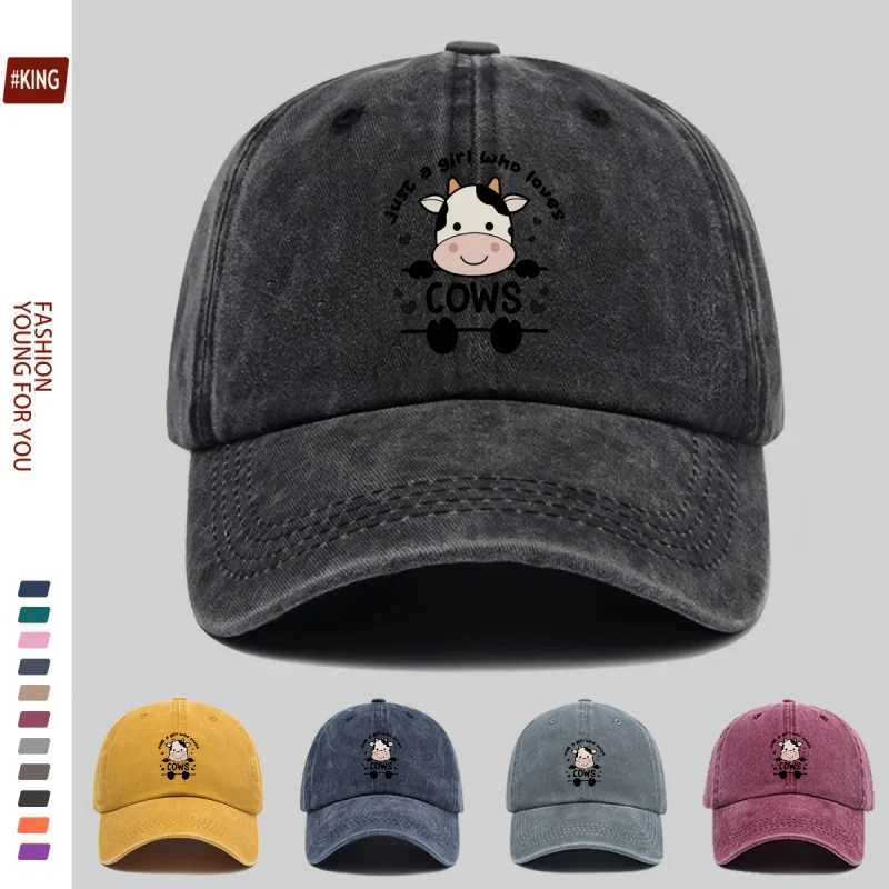 Cute Cartoon Cow Print Washed Vintage Soft Top Sunshade Baseball Cap Unisex Versatile Baseball Cap S260306