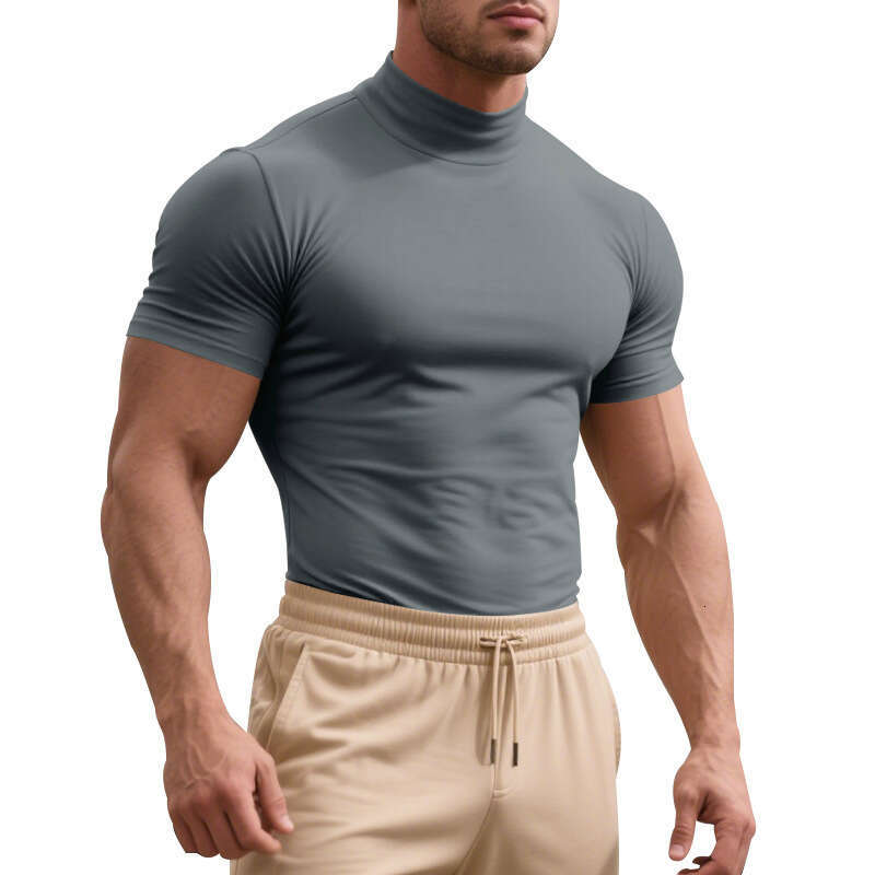 25 Cross-border European American men's summer stretch slim-fit British gentleman casual base shirt with a small high collar and short sleeves