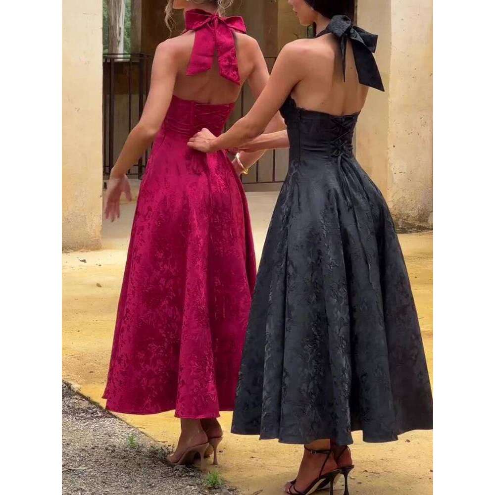 V-Neck Neckline Sleeveless Women's Dress Jacquard Tie Waist Resort Style Long Senior Party Dresses Summer New Mdng260306
