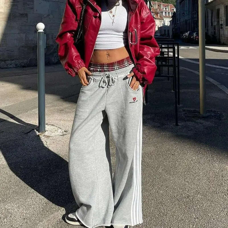 Men's Pants Deeptown Gray Vintage Striped Embroidery Women Sweatpants Style Straight Sports Baggy Casual Hip Hop Men's Clothing