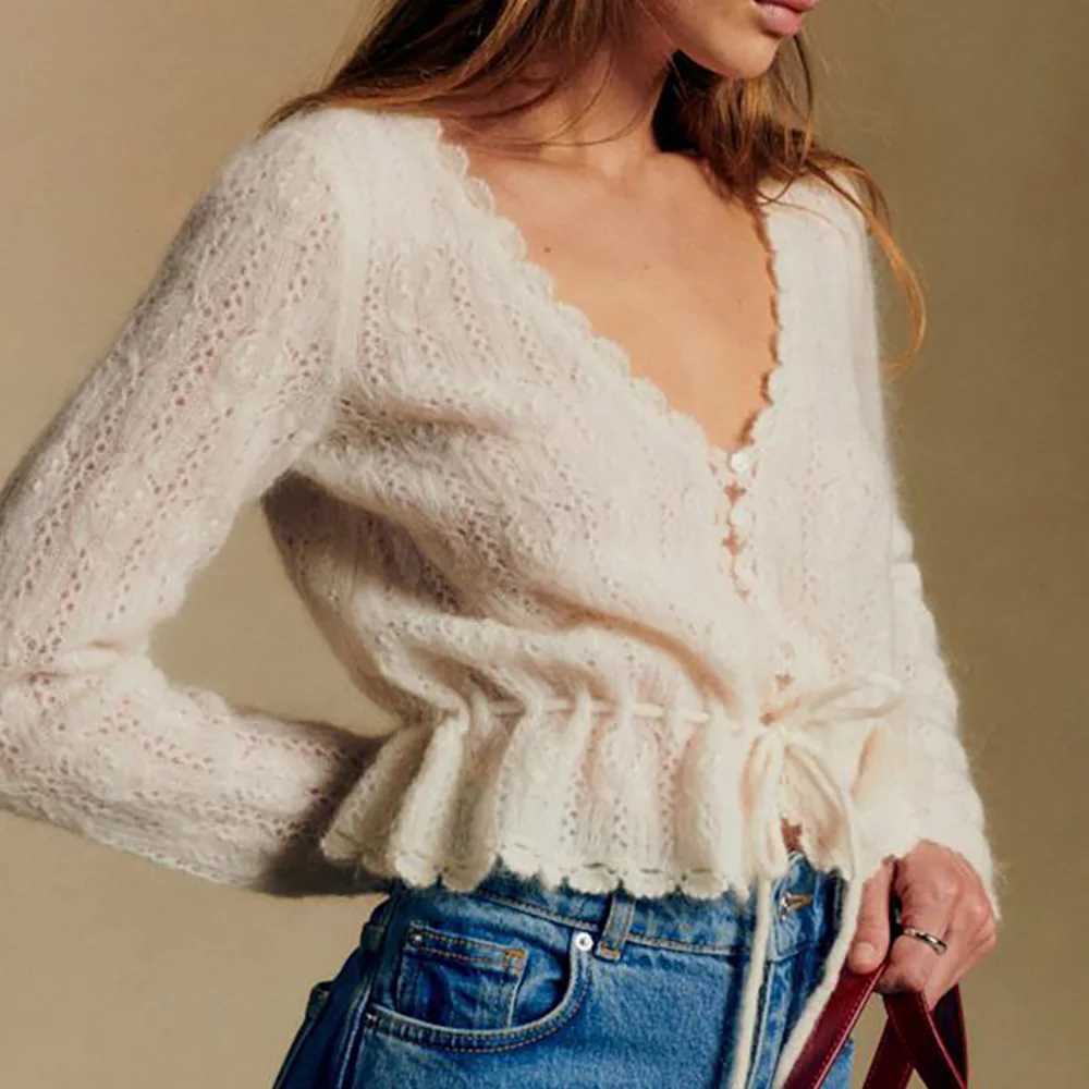 Rowan 5C862 White Jacquard Knit Cardigan Petal Edge V-Neck Long Sleeve Buttons Female Sweater Casual Lace-up Lady Top 2026 M260306
