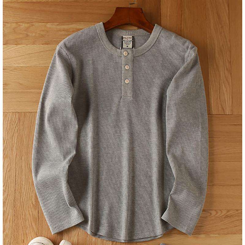 European and American Tough Guy Henry V-Neck Live Streaming One-Piece Dropshipping Men's All-Cotton Waffle Long-Sleeve T-Shirt Base Shirt Cotton 
