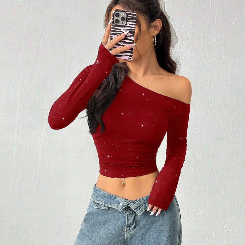 Cross-Border European and American Hot Girl Rhinestone Off-Shoulder Long Sleeve T-Shirt for Women 2025 Spring Export Ins Slim Knitted Base Shirt