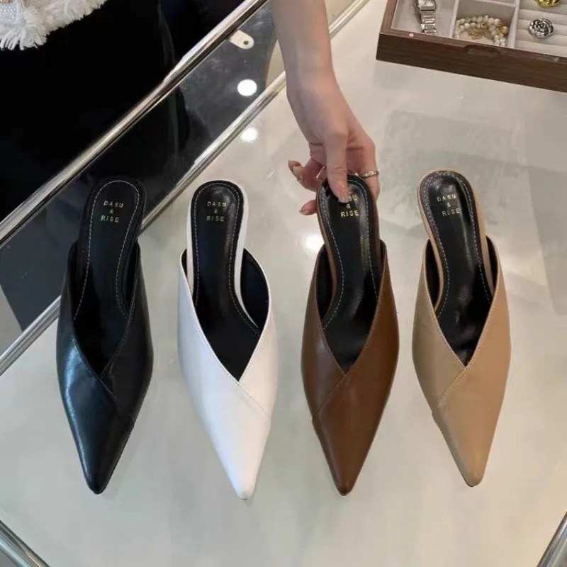 Pointed Slippers Women High Heels Summer Shoes Fashion Square Heel Slides Slip Loafers Mules Black Female Party Shoes 260303