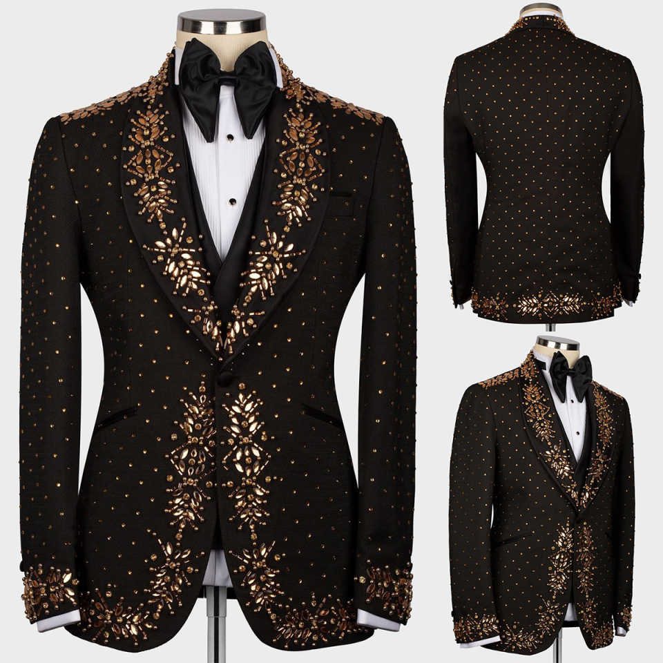 Luxury Beads Men Tuxedos 2 Pieces Shawl Lapel Classic Fit Blazer Prom Party Jacket Vest Groom Wear Formal Working Sets