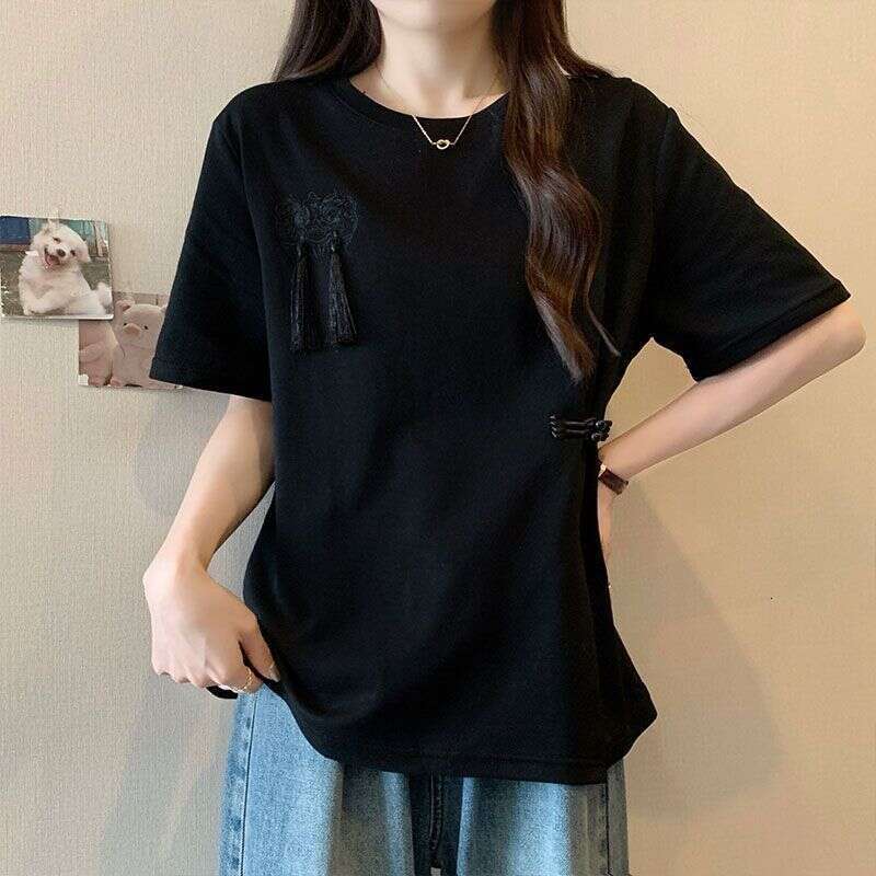 Chinese ethnic style retro red split design short sleeve T-shirt women's summer fashion plus size new loose casual top Casual round Pullover Spli