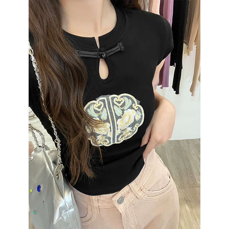 Summer Hot Sale Women's Slim Fit Short Sleeve T-Shirt Waist Cinched Y2k Spicy Girl Style Chinese style casual belly button embroidery top