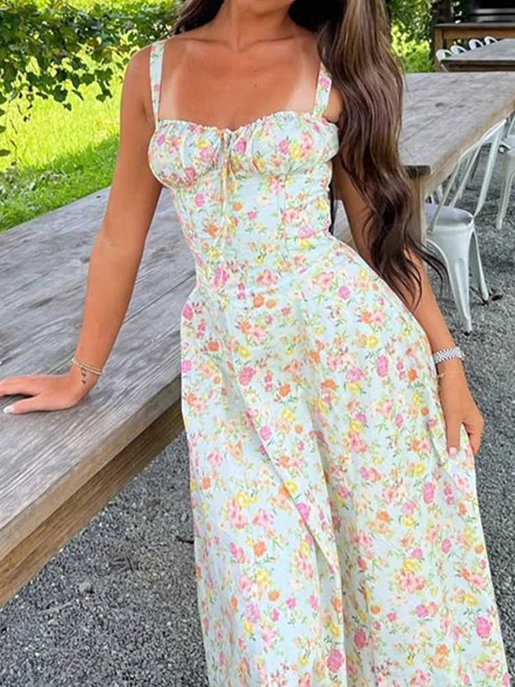 New Floral Midi Dress Bohemian Flowy Slit Dress Elegant Fashion Women Going Out A-line Casual Summer Sundress Print Halter Dress X260306