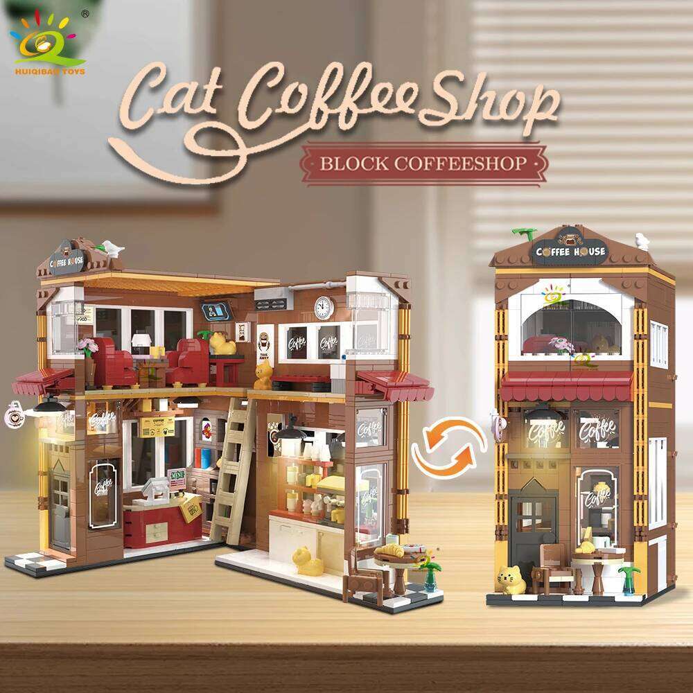 HUIQIBAO MOC Cat Cafe Bookends model Micro Building Block Bookstore Flower Shop Mini Brick Toy for Children Desk Decor. Z260306