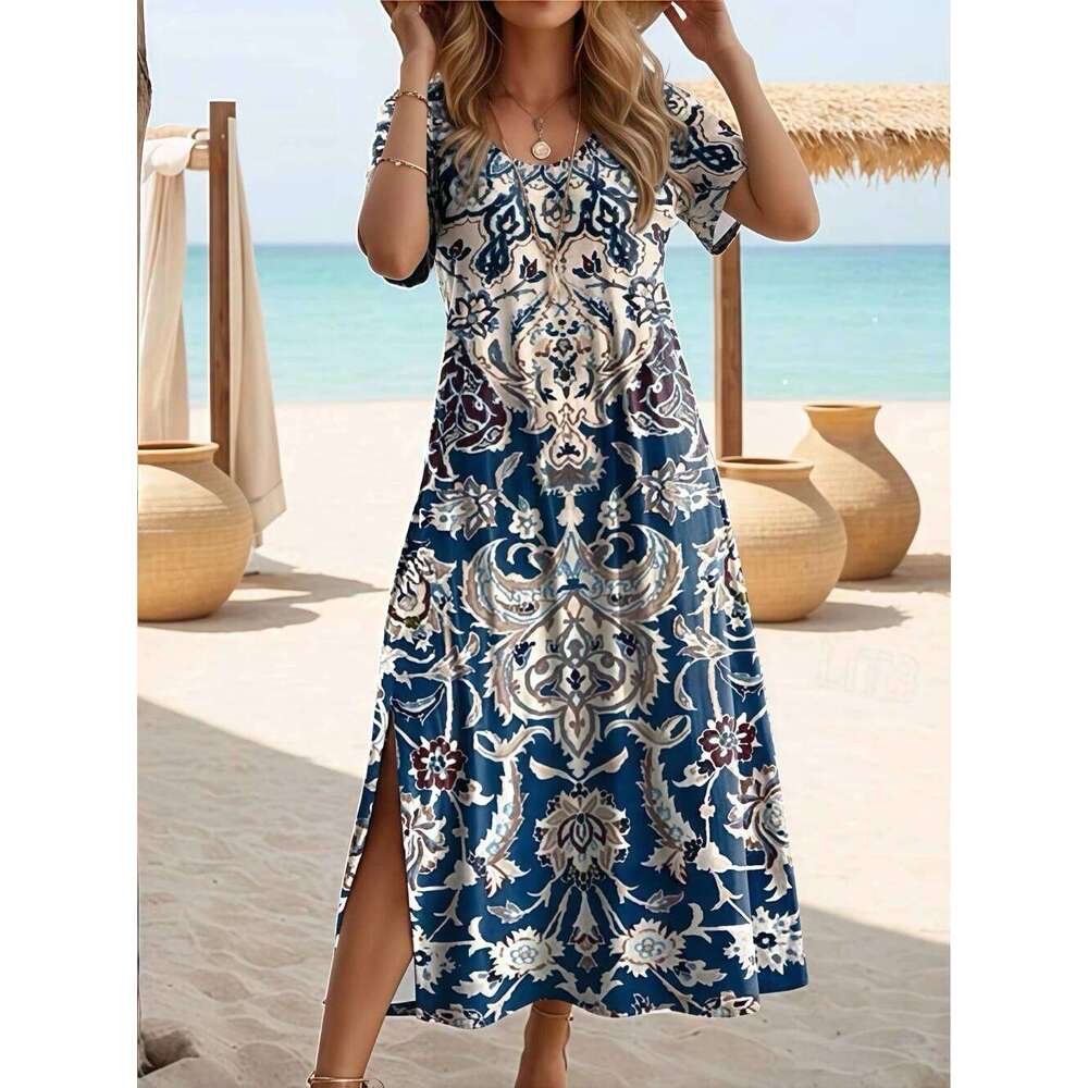 Elegant Summer Plus Size V-Neck Butterfly Print Dress - Split Hem Short Sleeve Women's Fashion