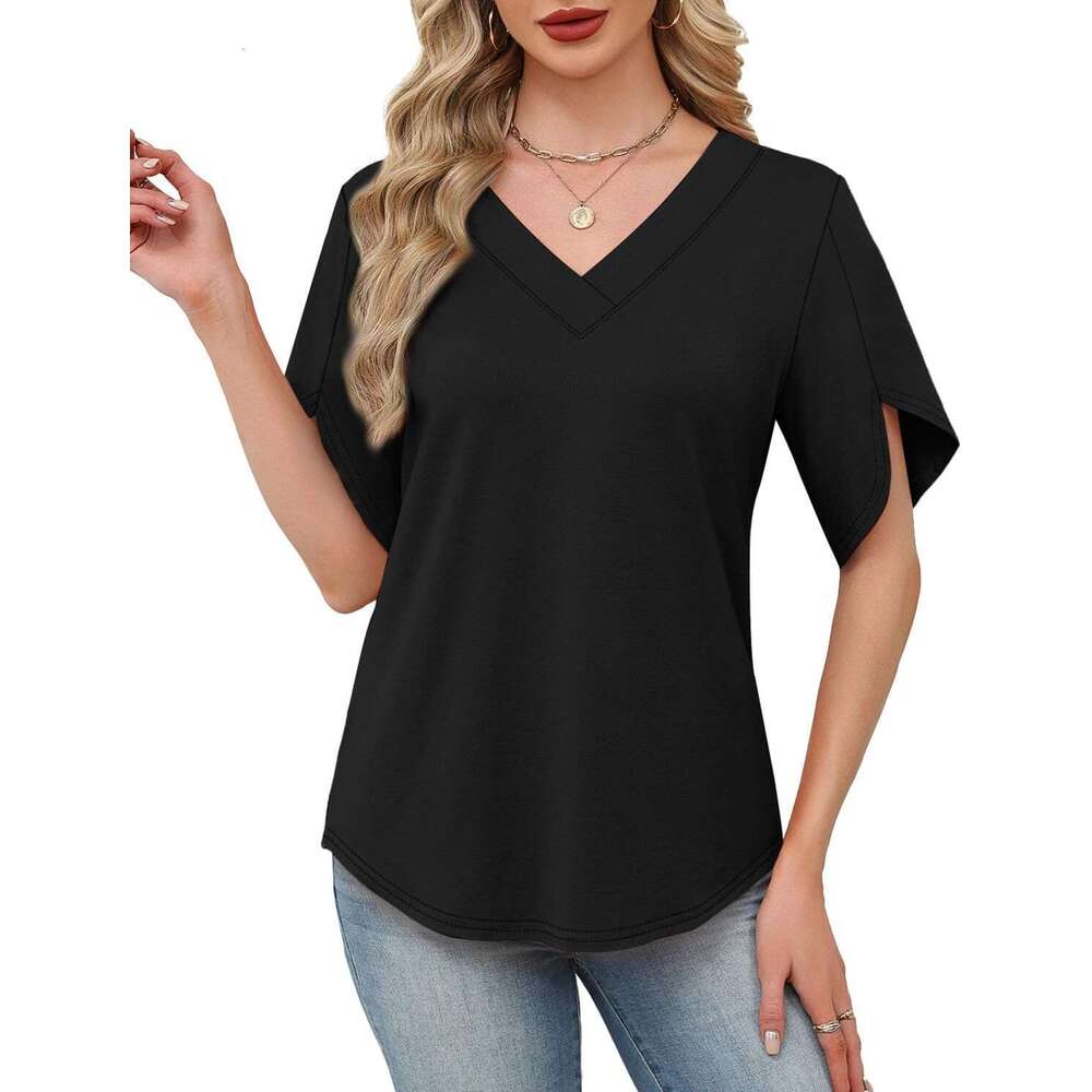 Womens Summer Tops Short Petal Designer Sleeve Shirts Fashion V Neck Outfits Clothes