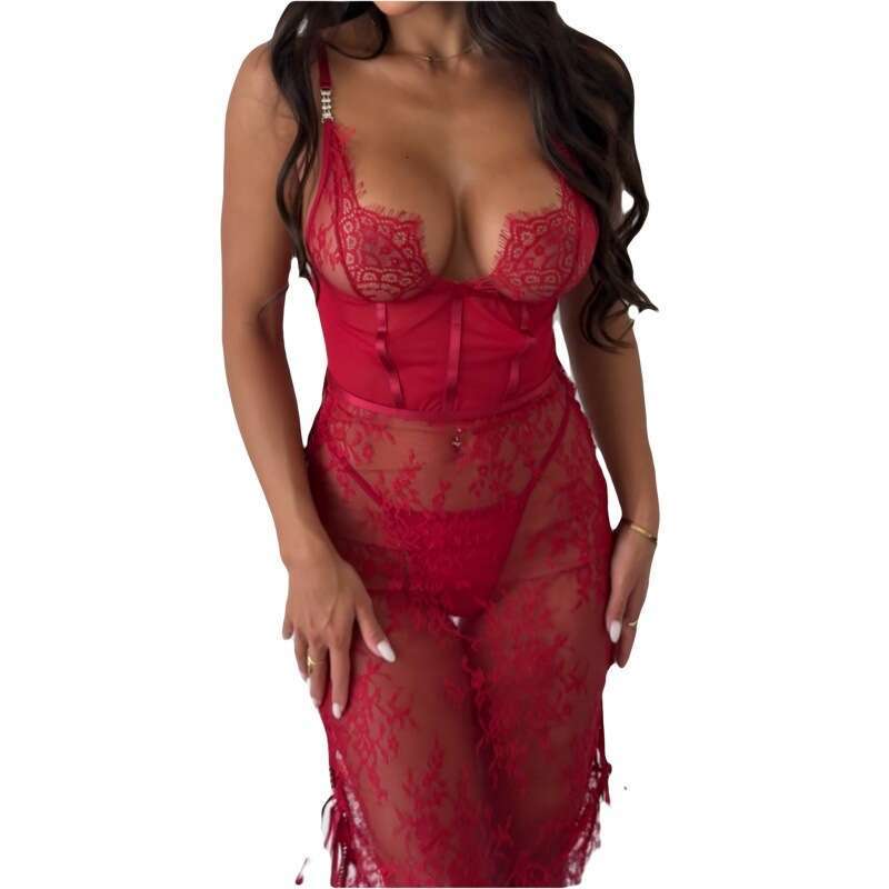 Women Red Lace Sheer Bodysuit with Deep V-Neck & Corset Waist Sexy, Romantic & Perfect for Date Night, Party or Photo Shoot