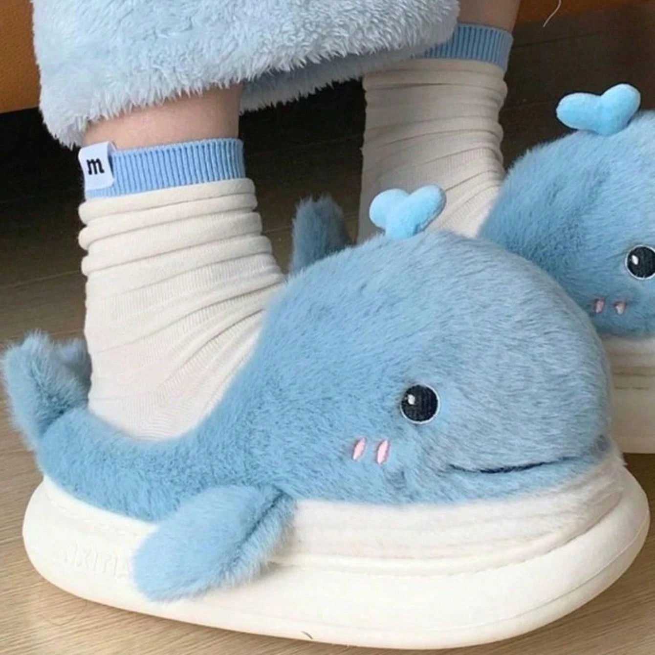 Cute Whales Winter New Women Slipper Soft Heel Platform Fur Warm Indoor Comfortable Home Fluffy Home Slippers S260305