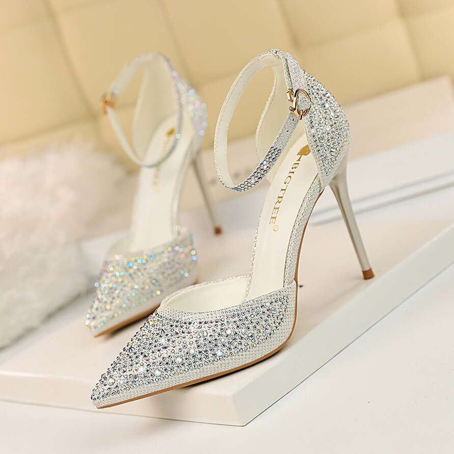 Women Style Sweet Heels Thin High Heel Shallow Mouth Pointed Toe Hollow Strap Shiny Rhinestone Women S Sandals