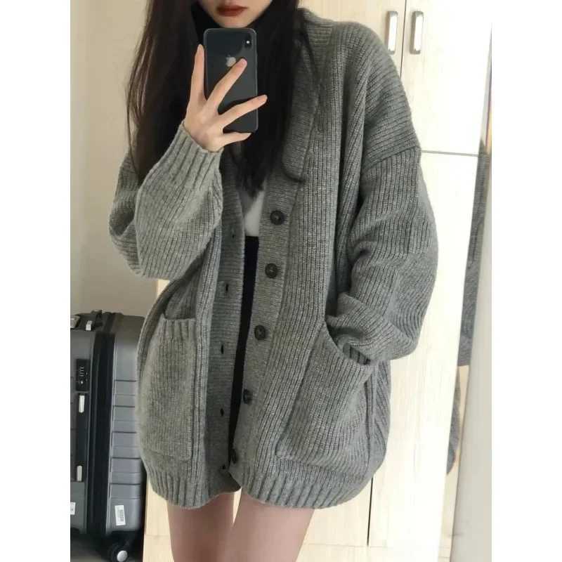 2024 New Preppy Style Womens Knit Sweater Cardigan Loose Fit V-neck Versatile Solid Color Korean Version Pullovers M260306