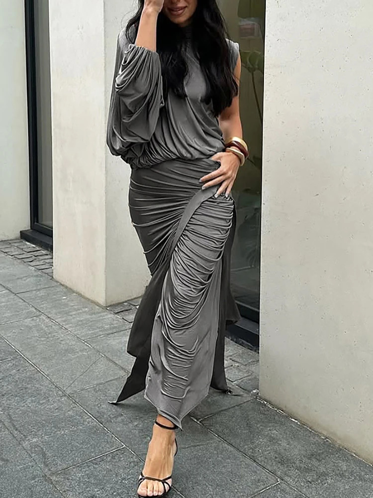 kliou Unique Irregular Women 2 Piece Set Solid Swinging Pleated Single Full Sleeve Turtleneck TopsMatching Split Maxi Skirts 260304