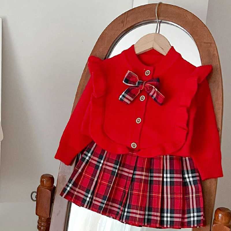 Girls Knit Set 2Pcs, Toddler Red Bow Cardigan & Plaid Pleated Skirt Outfit, Kids Casual Suit for 2-6Y Autumn WinterT260306