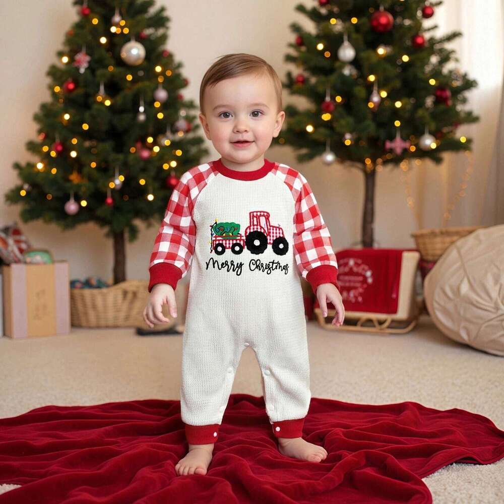 Baby Boys Romper Fashionable Christmas Tree and Letters Embroidery Plaid Long Sleeve Jumpsuit Z260306