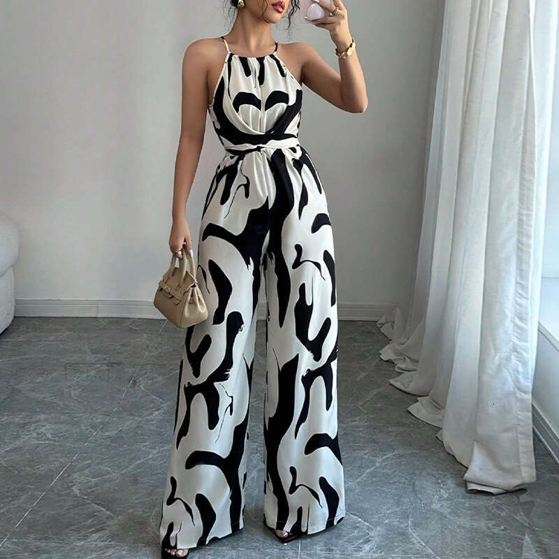 Cross-border foreign trade summer with straps, European and American style, milk stripe, tie-neck halter jumpsuit for women