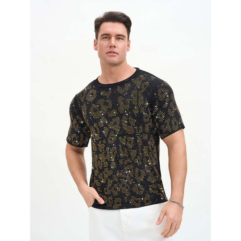 New European and American men's clothing, American-style breathable double-layer short-sleeve T-shirt, rhinestone party nightclub outfit