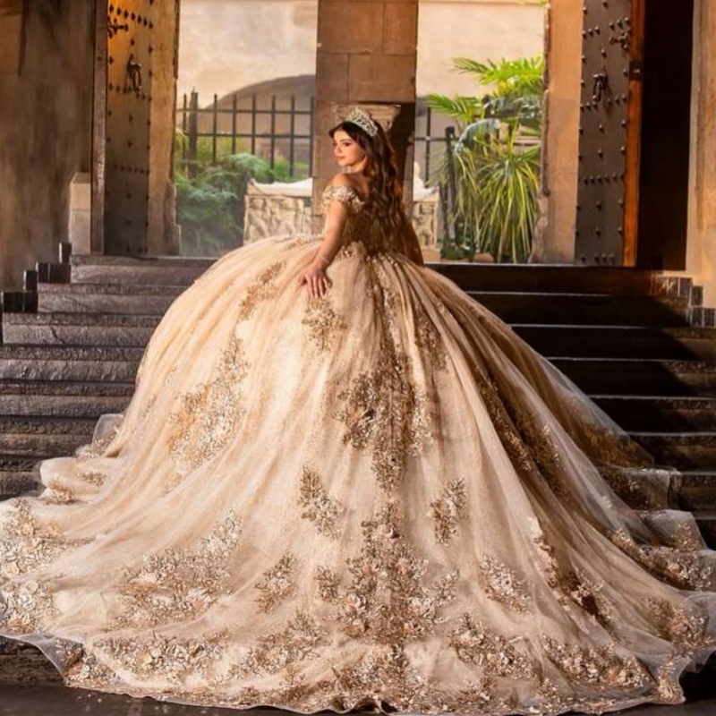 Champagne Shiny Quinceanera Dresses Ball Gown Off The Shoulder Applique Lace Beading Crystal Corset Party Birthday Sweet 16 Dress Vestidos 15 De Anos