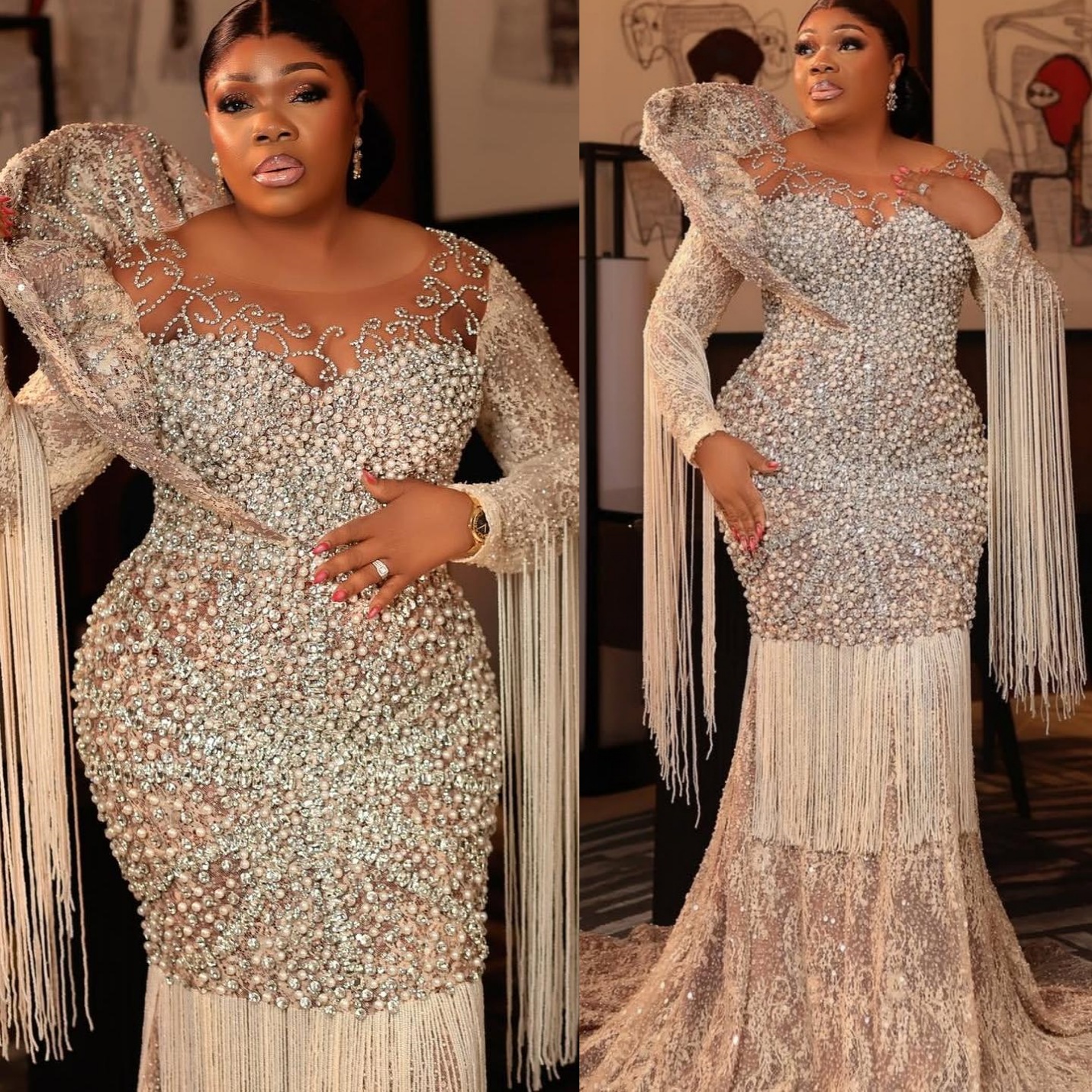 Aso Ebi Champagne Prom Dress 2026 Mermaid Prom Dress Pearls Crystals Tassels Evening Dresses For Black Women Birthday Party Formal Receiption Gowns Dr