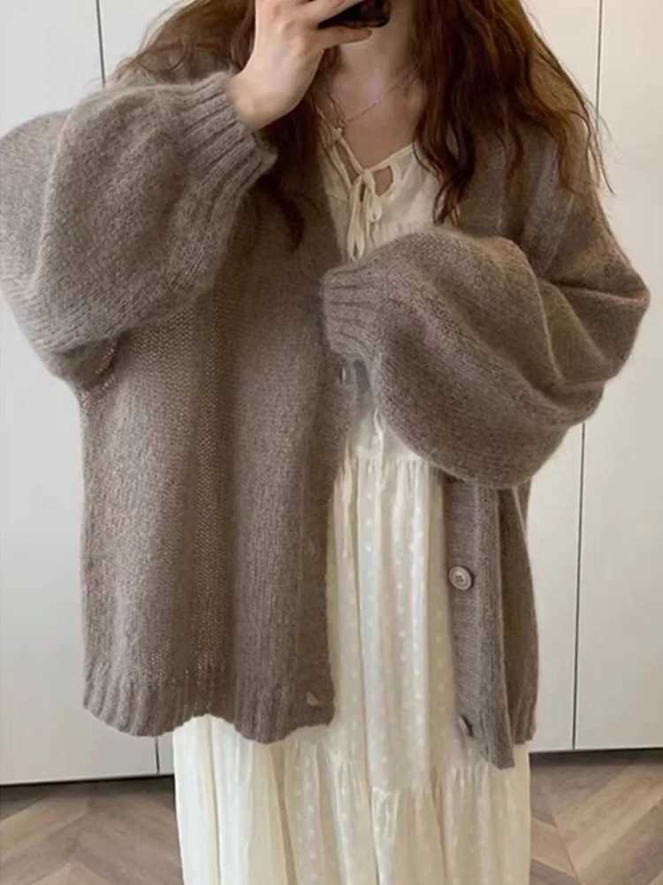 New Fashion Puff Sleeve Button Knitted Cardigan Womens Weaters Autumn Winter Long Sleeve Casual Loose Women Sweater Coat M260306